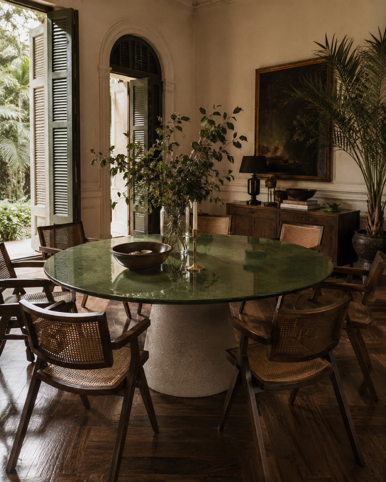 Camillo Tisch in olivgrüner Glasur, Galerie-Ambiente