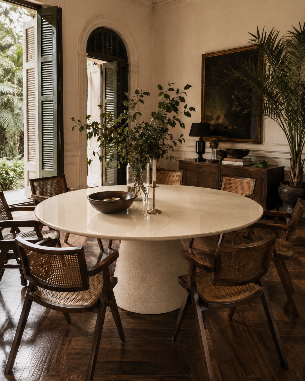 Camillo Tisch in rohem elfenbeinfarbenem Stein, koloniales Interieur